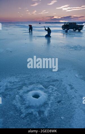 Ice Fishing Sand Bar Milton, Verrmont Stockfoto