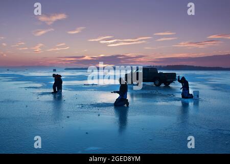 Ice Fishing Sand Bar Milton, Verrmont Stockfoto