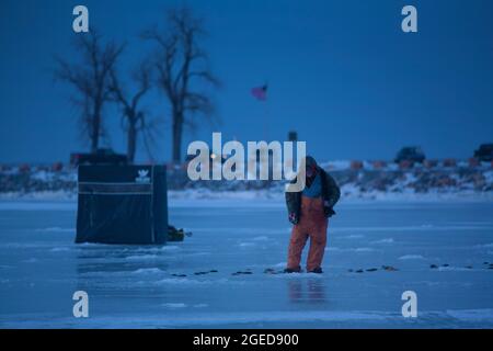 Ice Fishing Sand Bar Milton, Verrmont Stockfoto