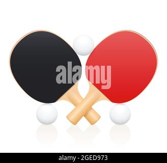 Tischtennisschläger, gekreuzte Tischtennispaddel, die mit Bällen balancieren. Symbol für sportlichen Wettbewerb, Spiel, Wettbewerb, Kampf, Kampf. Stockfoto