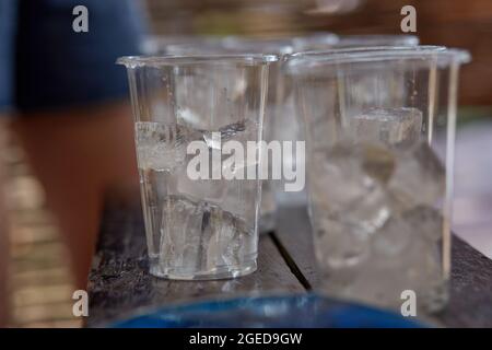 Junge Frau auf einer Junggesellinnenparty macht einen Mojito-Cocktail für die Firma. Anweisungen zur Vorbereitung. Schritt 1. Hochwertige Fotos Stockfoto