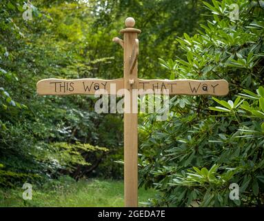 Hölzerne Wegweiser in einem Wald, der auf diesen und diesen Weg zeigt. Stockfoto