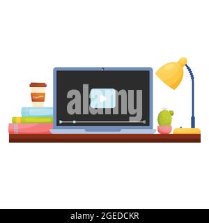 Home Office-Arbeitsplatz mit Online-Videos auf einem Laptop. Vektorgrafik. Stock Vektor