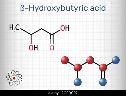 Beta-Hydroxybutyronsäure, 3-Hydroxybutyronsäure-Molekül. Es ist Beta-Hydroxy-Säure, ist Vorläufer von Polyestern, biologisch abbaubare Kunststoffe. Blatt Papier Stock Vektor