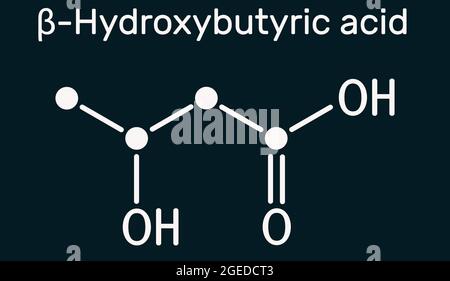 Beta-Hydroxybutyronsäure, 3-Hydroxybutyronsäure-Molekül. Es ist Beta-Hydroxy-Säure, ist Vorläufer von Polyestern, biologisch abbaubare Kunststoffe. Dunkelblauer Hintergr Stockfoto