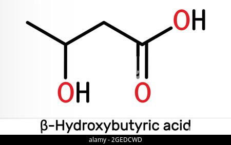 Beta-Hydroxybutyronsäure, 3-Hydroxybutyronsäure-Molekül. Es ist Beta-Hydroxy-Säure, ist Vorläufer von Polyestern, biologisch abbaubare Kunststoffe. Skelettchemie Stockfoto