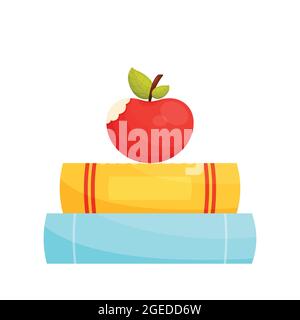 Roter Apfel auf dem Bücherhaufen. Bildungskonzept. Lesekonzept. Vektorgrafik. Stock Vektor