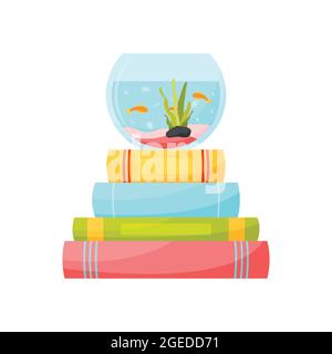 Aquarium auf dem Bücherhaufen. Bildungskonzept. Lesekonzept. Vektorgrafik. Stock Vektor