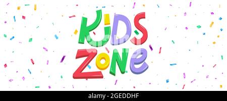 Kids Zone Vektor-Banner im Cartoon-Stil. Bunte Kinder-Lettering-Karte mit Konfetti Stock Vektor