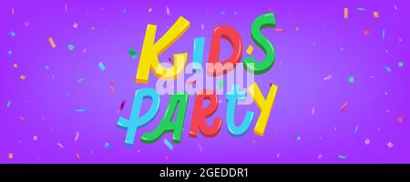 Kids Party Vektor-Banner im Cartoon-Stil. Bunte Kinder-Lettering-Karte mit Konfetti Stock Vektor