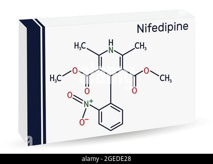 Nifedipin, Molekül. Es ist Dihydropyridin Kalziumkanal-Blockiermittel. Chemische Formel des Skeletts. Papierverpackungen für Medikamente Stock Vektor