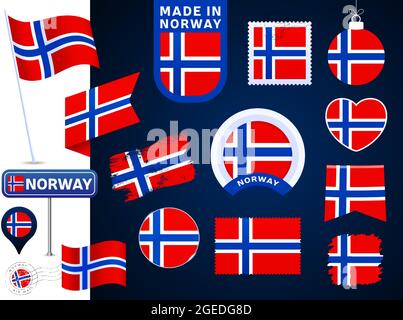 norwegen Flag Vektor-Kollektion. Großer Satz von nationalen Flagge Design-Elemente in verschiedenen Formen für öffentliche und nationale Feiertage in flachem Stil. Briefmarke, Stock Vektor