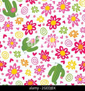 Vektor niedlichen Kaktus und Gänseblümchen Blumen nahtlose Wiederholung Muster. Geeignet für Textilien, Geschenkpapier und Tapeten. Stock Vektor