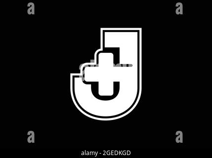 Anfängliches J-Monogramm-Alphabet mit einem Plus-Logo-Zeichen weiß auf schwarzem Hintergrund. Schrift-Emblem. Modernes Vektorlogo für Medizin- oder Gesundheitsbranche Stock Vektor