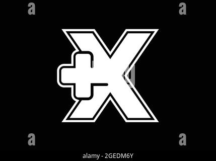 Anfängliches X-Monogramm-Alphabet mit einem Plus-Logo-Zeichen weiß auf schwarzem Hintergrund. Schrift-Emblem. Modernes Vektorlogo für Medizin- oder Gesundheitsbranche Stock Vektor
