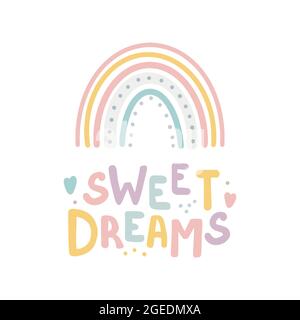 Rainbow Boho Stil Sweet Dreams Lettering Card Handgezeichnete Lettering Zitat in niedlichen Kalligraphie-Stil. Slogan für Druck- und Posterdesign. Vektorillust Stock Vektor