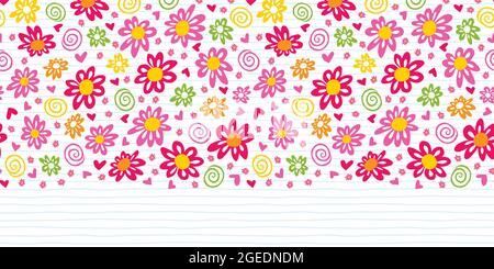 Vektor niedlichen Kaktus und Gänseblümchen Blumen horizontalen Rand oben Muster. Geeignet zum Dekorieren von Postern und Grafikdesignprojekten. Stock Vektor