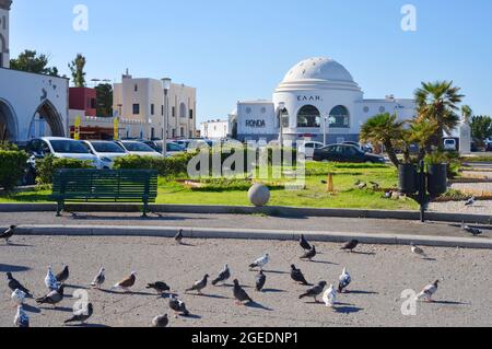 Rhodos, Griechenland, Straßenszene mit Vögeln und Blick auf ein rundes Restaurant Elli Beach Stockfoto