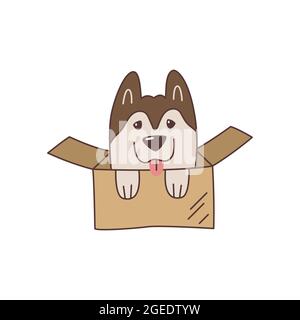 Niedlicher kawaii Husky Welpe im Karton. Verspielter Cartoon-Hund mit Zunge. Ungewöhnliches Überraschungsgeschenk. Emblem, Logo, Etikett für eine freundliche Paketzustellung Stock Vektor