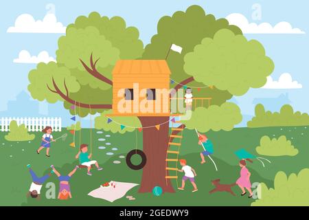 Glückliche Kinder spielen auf Baumhaus Spielplatz im Sommer Naturpark Vektor-Illustration. Cartoon Gruppe von Mädchen Junge Kind Charaktere haben Spaß, klettern auf Baumhaus, Kinder spielen zusammen Hintergrund Stock Vektor