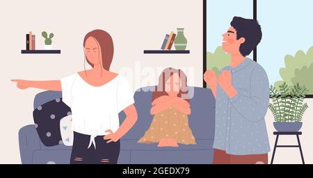 Verärgerte Eltern streiten, häuslicher Konflikt in Familie Vektor-Illustration. Cartoon Mutter Charakter Streit mit Vater, Tochter sitzt auf der Couch mit weinenden Gesicht, schlechte Beziehung Hintergrund Stock Vektor