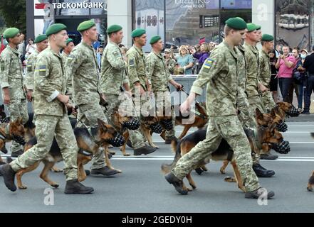 Nicht exklusiv: KIEW, UKRAINE - 18. AUGUST 2021 - Soldaten und Militärhunde marschieren während der Probe der Kiew-Unabhängigen auf die Chreschtschatyk-Straße Stockfoto