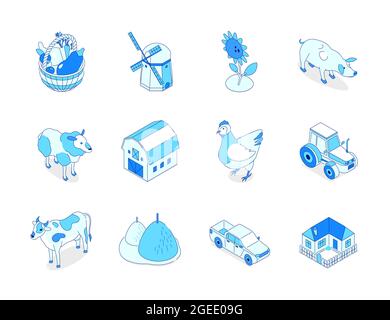 Farm - Moderne Linie Design Stil Ikonen gesetzt. Blaue Farbe. Landleben und einfache Freuden. Subsistenzwirtschaft, Gemüse, Obst, Vieh, Mühle, Traktor Stock Vektor