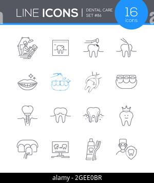 Zahnpflege - moderne Linie Design Stil Icon-Set. Mundhöhle richtige Pflege Zusammenstellung. Schönes Lächeln, Zahnspangen, Karies, Überprüfung des Zahnzustands, Wunde Stock Vektor