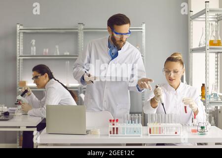 Eine Gruppe junger Wissenschaftler betreibt wissenschaftliche Forschung. Stockfoto