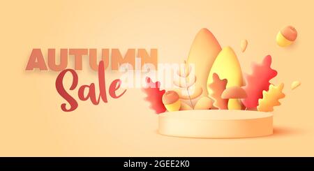 Herbstverkauf 3d saisonalen Hintergrund mit Herbst gelb, orange und rote Blätter und Eichel mit Pilz Zusammensetzung und Produkt Podium. Stock Vektor