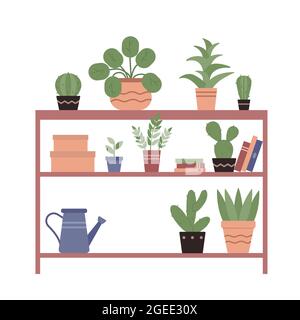 Haus Pflanzen in Keramik-Töpfe auf Holzregalen der häuslichen Natur Garten Vektor-Illustration. Cartoon grüne Zimmerpflanzen, Bücher, Gießkannen für die Gartenarbeit isoliert auf weiß Stock Vektor