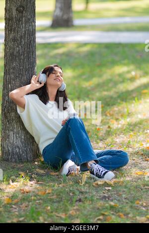 Foto einer 40-jährigen Frau, die Kopfhörer mit einem Smartphone trägt. Sie hört ihre Lieblingsmusik, während sie auf dem Gras im Park sitzt und nimmt Stockfoto