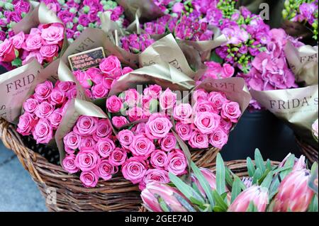 BERGAMO, ITALIEN - APRIL 2019: Rosa Blumensträuße werden auf dem Blumenmarkt im Freien in den schönen mittelalterlichen Straßen von Bergamo, Lombardei, Italien, verkauft Stockfoto