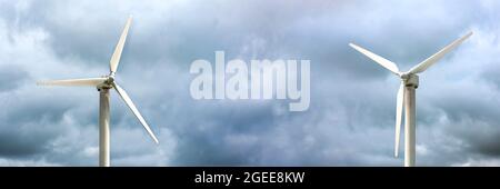 Windmühlen für die Stromerzeugung. Windturbine vor dem Hintergrund eines dunklen düsteren Himmels, windiges Wetter, Ort, um Text einzufügen. Stockfoto