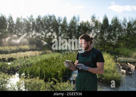 Mann, der im Sommer während der Arbeit auf dem Bauernhof ein Tablet verwendet, um das Bewässerungssystem zu steuern Stockfoto