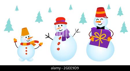 Familie von Schneemännern im Winterwald auf weißem Hintergrund. Stock Vektor