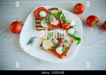 Gebratener heißer Toast mit Mozzarella und Tomaten auf einem Teller auf einem Holztisch Stockfoto