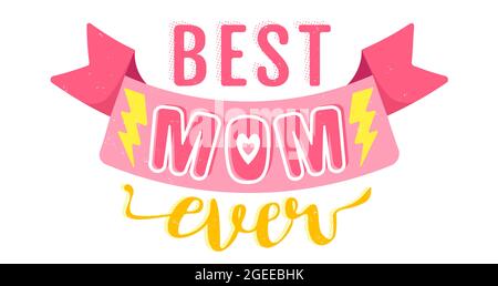 Vector Vintage-Logo mit rosa Band für den Muttertag. Retro-Emblem für Mama. Poster von Super Mom mit rosa Band für Muttertag. Stock Vektor