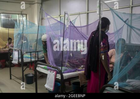 Die Patienten werden im Dhaka-Kinderkrankenhaus behandelt.Da Bangladesch mit der Pandemie Covid-19 zu kämpfen hat, stellt die Dengue eine große Bedrohung für die Kinder des Landes dar. Derzeit sind die meisten asiatischen Länder von einer schweren Dengue betroffen und haben sich laut WHO zu einer führenden Ursache für Krankenhausaufenthalte und Todesfälle bei Kindern und Erwachsenen in diesen Regionen entwickelt. Unter solch schrecklichen Umständen zünden einige Bewohner von Dhaka sogar tagsüber mückenabweisende Räucherungen an, um sich von der durch Mückenschutz übertragenen Viruserkrankung zu entfernen. (Foto von Sazzad Hossain/SOPA Images/Sipa USA) Stockfoto