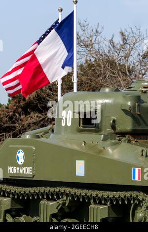 Der Sherman-Panzer "Normandie", 2. Französisches Panzerdivision Landungen Monument, Manche Department, Cotentin, Normandie Region, Frankreich Stockfoto