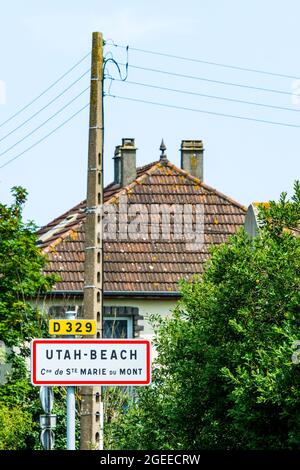 Straßenschild, Utah Beach, La Madeleine, Manche Department, Cotentin, Region Normandie, Frankreich Stockfoto