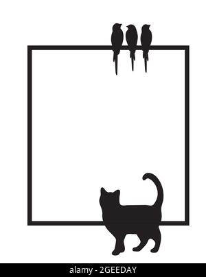 Bilderrahmen mit Katze Silhouette und Vögel Illustration, Vektor. Silhouetten von Katzen und Vögeln auf einem Bilderrahmen, isoliert auf weißem Hintergrund. Schwarz und w Stock Vektor