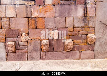 Detail der Kalasasaya-Struktur in Tiwanaku (Tiahuanaco), präkolumbianische archäologische Stätte, Bolivien Stockfoto