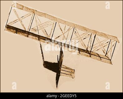 Eine frühe Illustration von Pionierflugzeugen - Chanutes Schwingensegler. - Octave Chanute (1832 – 1910) war ein französisch-amerikanischer einflussreicher Bauingenieur und Luftfahrtpionier, der viele frühe Flugenthusiasten, darunter die Gebrüder Wright, beriet. Stockfoto