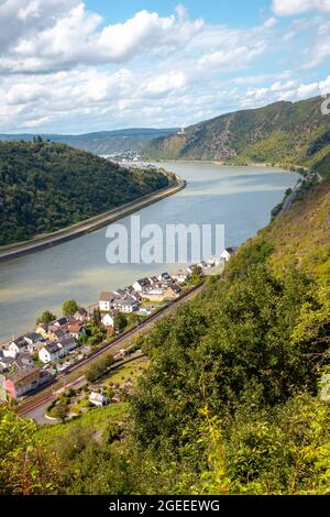 Rheintal-Landschaft in Kestert Blick vom Rheinsteig-Wanderweg Stockfoto