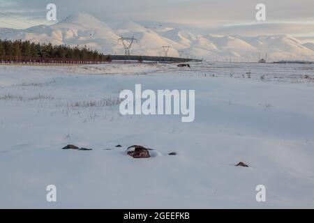 Steine auf Schnee mit Palandoken-Bergen in Erzurum, Türkei Stockfoto