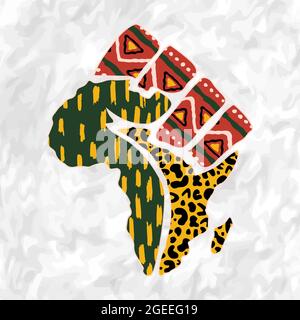 Afrika Kontinent Karte Form Illustration aus traditionellen afrikanischen Kultur Textur und Hand Faust auf isolierten Hintergrund für Freiheit Konzept. Stock Vektor