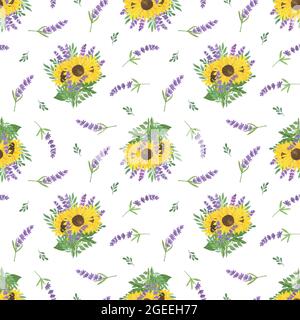 Gelbe Sonnenblumen und Lavendel Zweig floralen Ornament nahtlose Muster, Sommer Pflanzen Arrangement Symbol der französischen Provence für Grußkarte, Boho Dekor Stockfoto