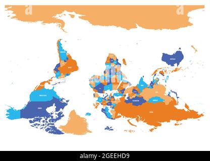 Umgekehrt oder auf den Kopf gestellt politische Karte der Welt. Ausrichtung nach Süden. Vektorgrafik. Stock Vektor