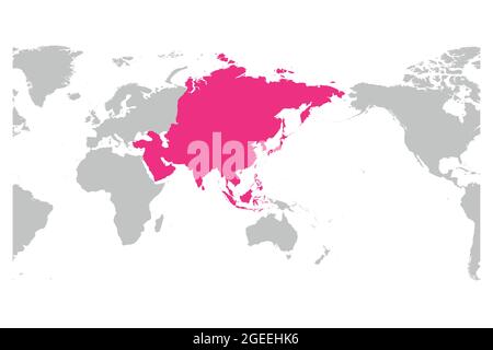 Asien Kontinent rosa in grauer Silhouette der Weltkarte markiert. Asien im Mittelpunkt. Einfache flache Vektordarstellung. Stock Vektor